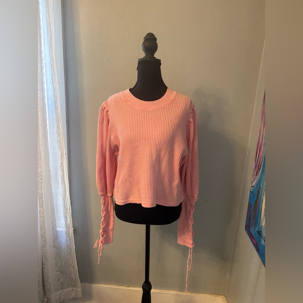 Free people FP one Tasha thermal waffle knit puff sleeve top M pink